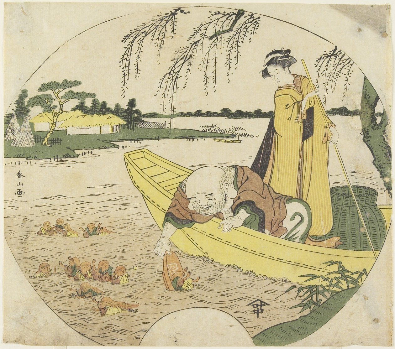 (Bir Teknede Sho_jo_ Goblinleri Sake Kupasıyla Yakalayan Hotei Tanrı), 1782-1789 by Katsukawa Shunzan