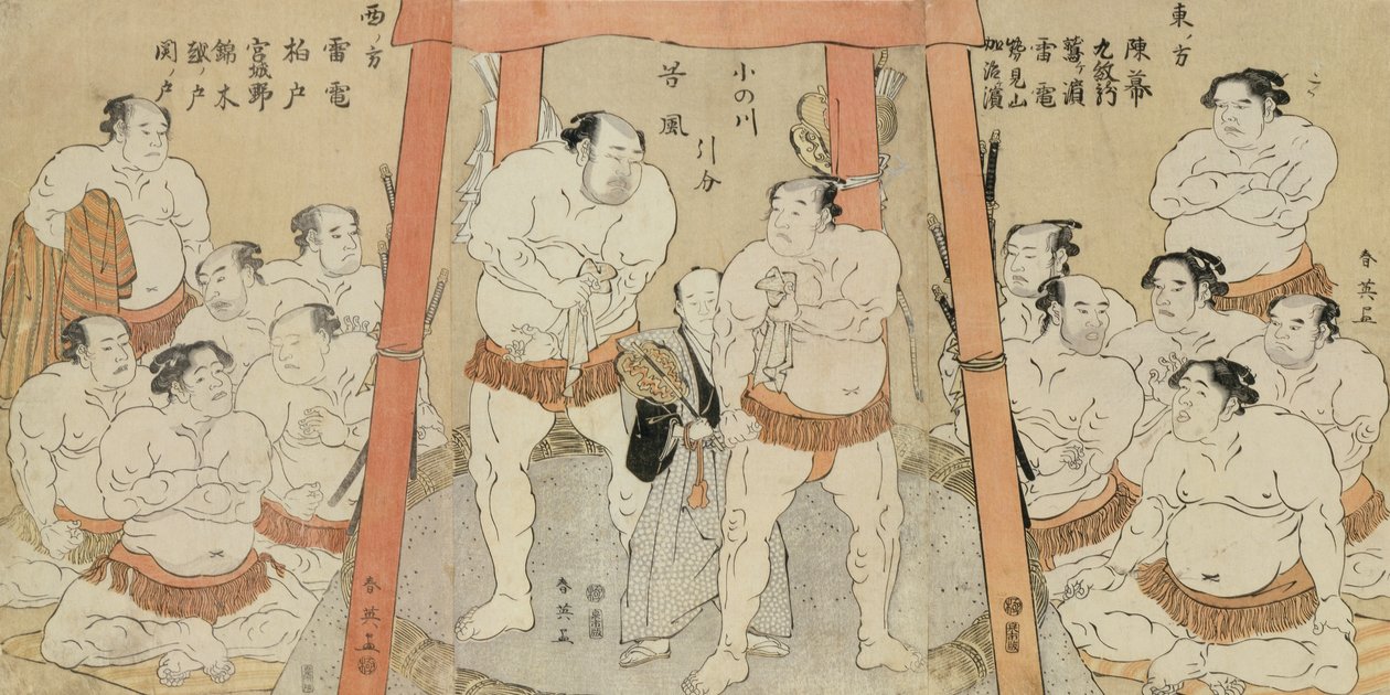Onogawa ve Tanikaze Arasındaki Maçta Beraberlik Gösteren Üç Parça (kağıt üzerine tahta baskı) by Katsukawa Shunei