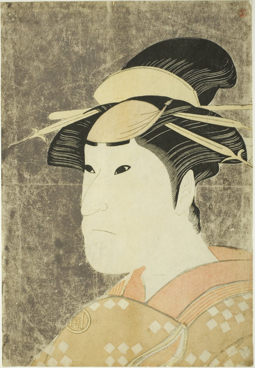 Oyuncu Sanogawa Ichimatsu III, beşinci ayda Miyako Tiyatrosu'nda sahnelenen "Hana-ayame Bunroku Soga" adlı oyunda Gion fahişesi Onayo rolünde. by Katsukawa Shunei