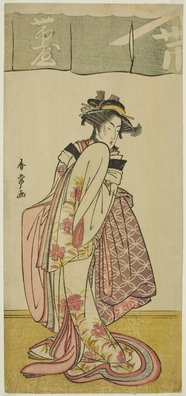 Aktör Segawa Kikunojo III, Üçüncü Ay'da Ichimura Tiyatrosu'nda oynanan Kabuki no Hana Bandai Soga oyununda Shinanoya Ohan rolünde, c.1786 (renkli tahta baskı; hosoban) by Katsukawa Shunjō
