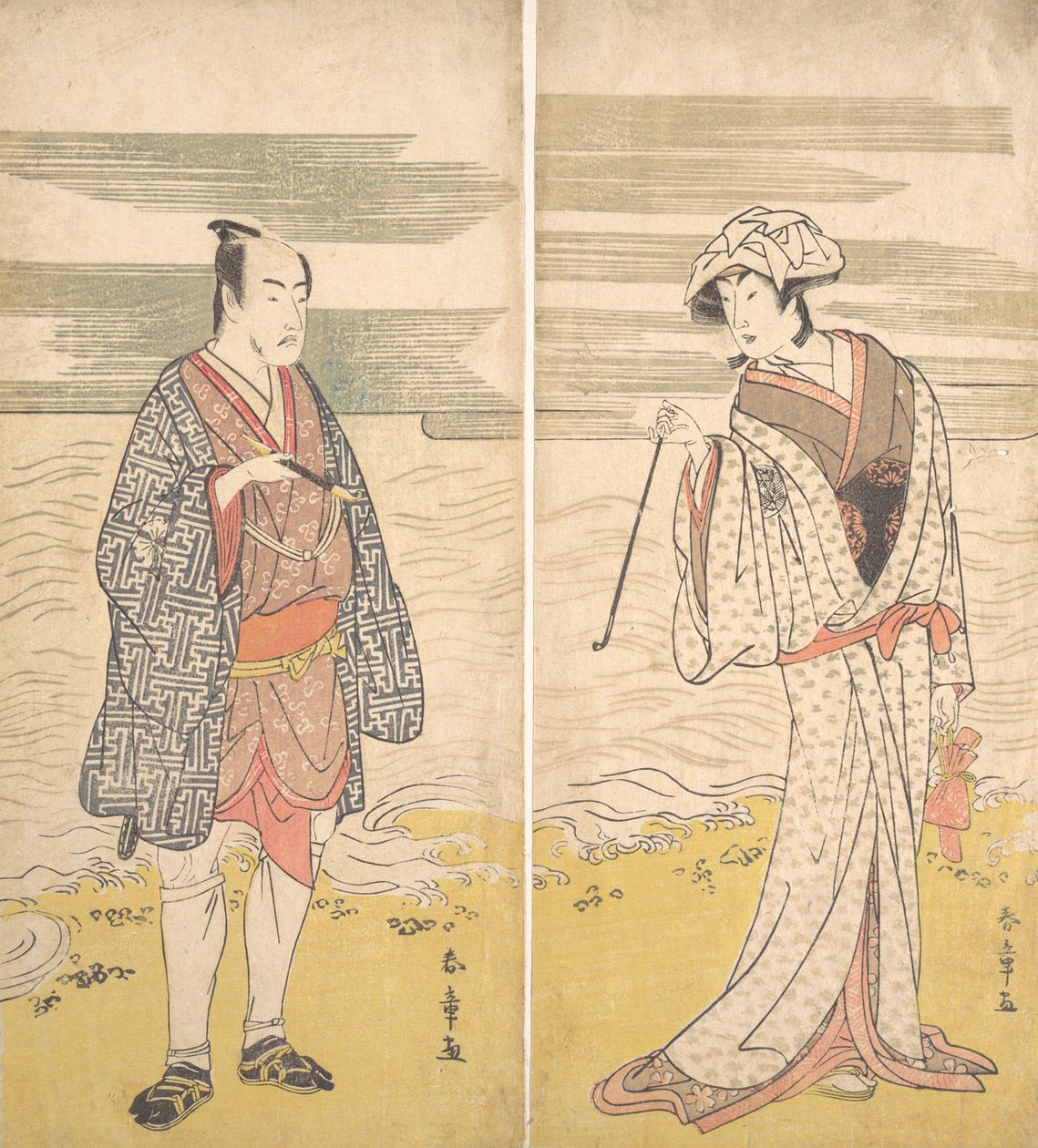 İki oyuncu: Dördüncü Matsumoto Koshiro Kısa Kimono Giyinmiş Bir Adam Olarak [solda], 1779. by Katsukawa Shunjo