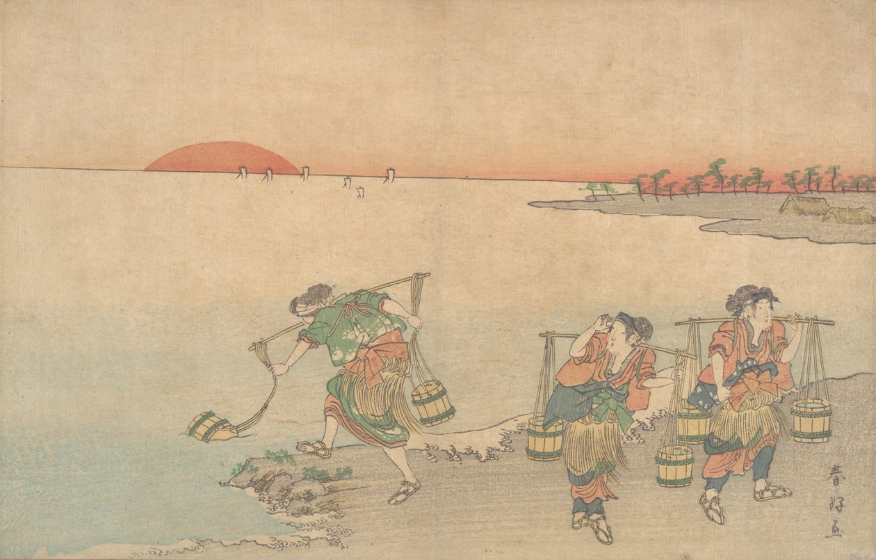 Kıyıda Üç Su Taşıyıcı, 18. yüzyılın sonlarında. by Katsukawa Shunko