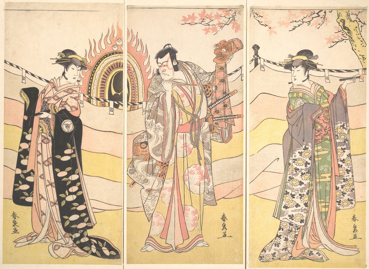 Dini Bir Dans Yapan Güzel Kostümlü Üç Aktör, yakl. 1785. by Katsukawa Shunsen