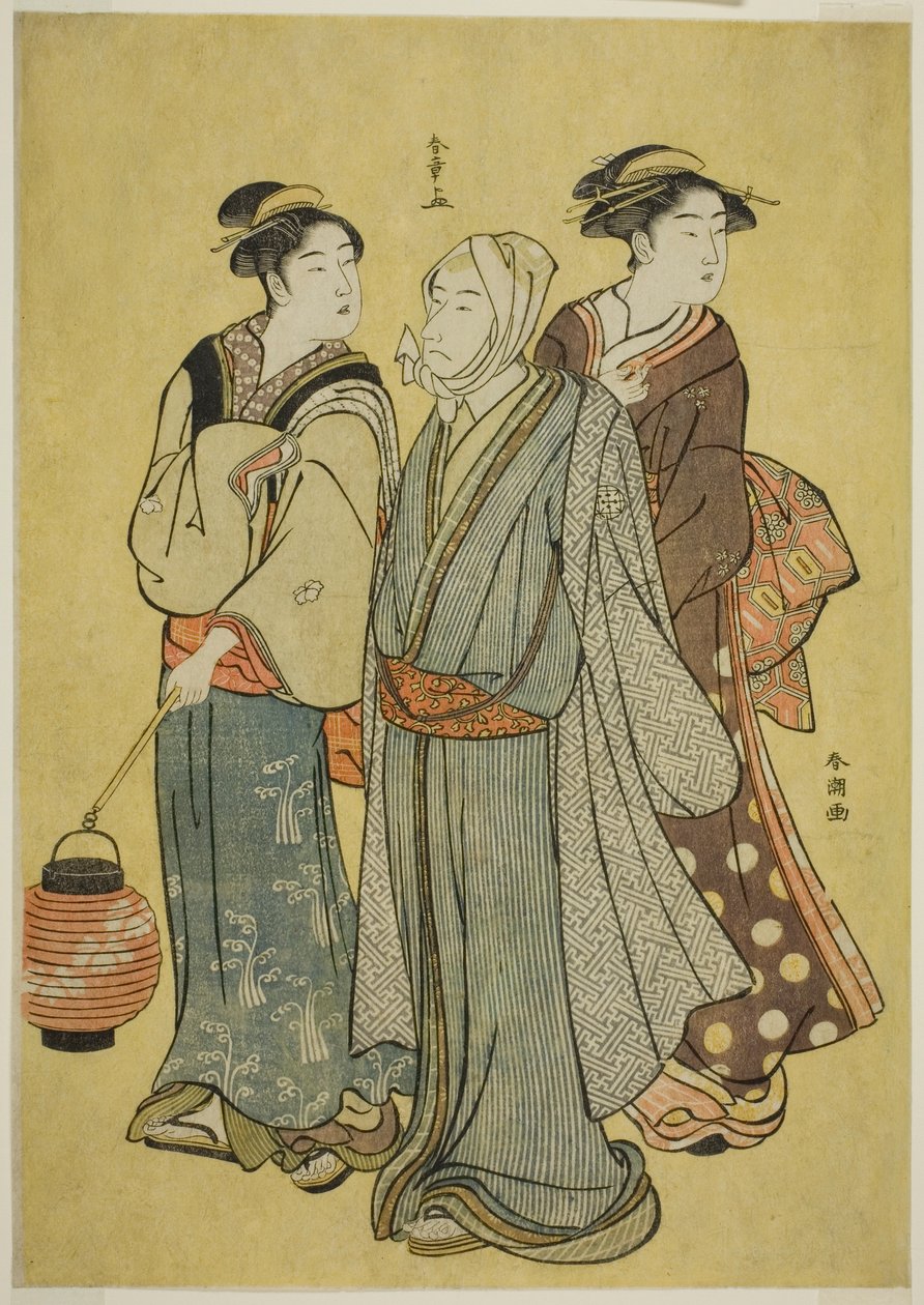 Ichikawa Ailesinin Oyuncusu (Shunsho tarafından), Hizmetçi ve Geyşa (Shuncho tarafından) gibi giyinmiş bir genç adam by Katsukawa Shunsho