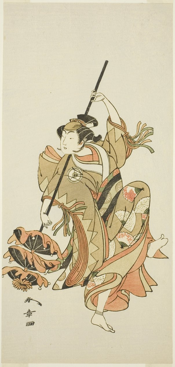 Aktör Iwai Hanshiro IV, “Flower of Japan: Ono no Komachi's Five Characters”de (“Kuni no Hana Ono no Itsumoji”) Üçlü Şemsiye Dansı Yapıyor by Katsukawa Shunsho
