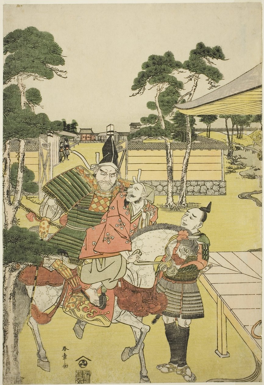 Musashibo Benkei, Horikawa Youchi no Zu Uki-e Nimaitsuzuki Oyununda Yakalanan Tosabo Shoshun'u Yoshitsune'ye Getiriyor, c.1782 (renkli tahta baskı; oban) by Katsukawa Shunsho
