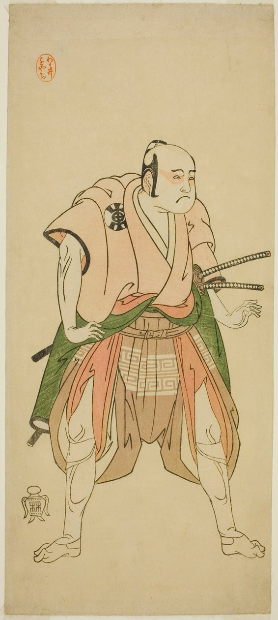 Aktör Bando Sampachi I, Play Shuen Soga Omugaeshi'de (?) Yawata no Saburo (?) rolünde, Ichimura Tiyatrosu'nda (?) İkinci Ayda Gösterilen, 1768 (?) by Katsukawa Shunsho