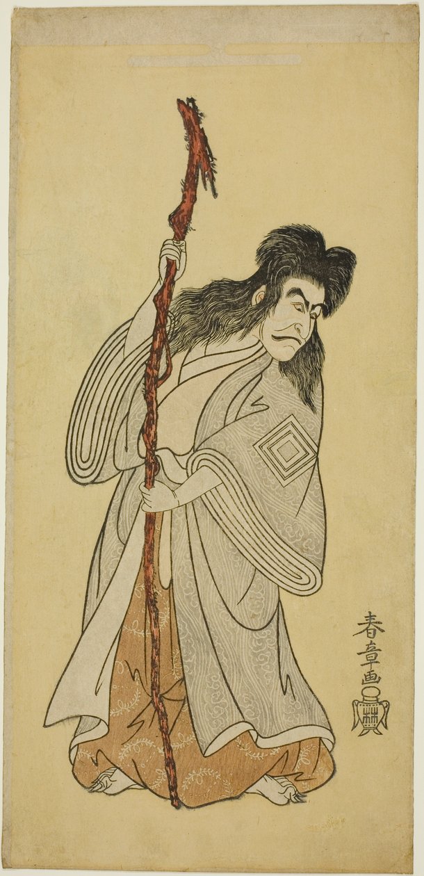 Aktör Ichikawa Danjuro IV, muhtemelen sekizinci ayda Nakamura tiyatrosunda "Tenjiku Tokubei Dümeni Yuvaya Döndürür (Tenjiku Tokubei Kokyo no Torikaji)" oyununda Tenjiku Tokubei rolünde by Katsukawa Shunsho