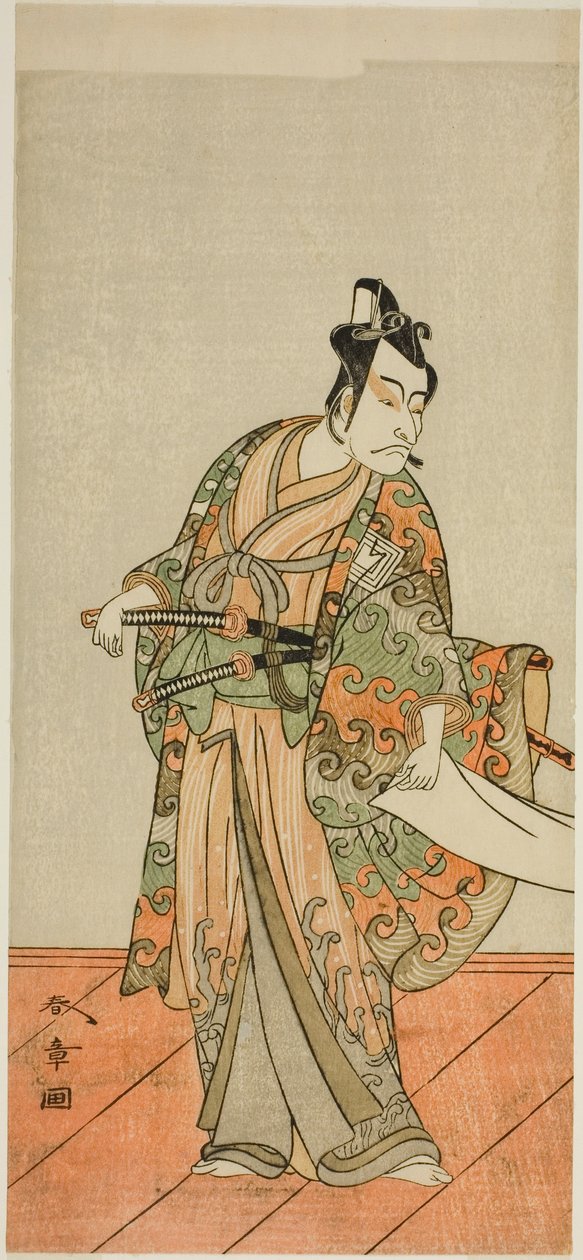 Aktör Ichikawa Danjuro V Kudo Kanaishi olarak (?) Oyun Izu-goyomi Shibai no Ganjitsu