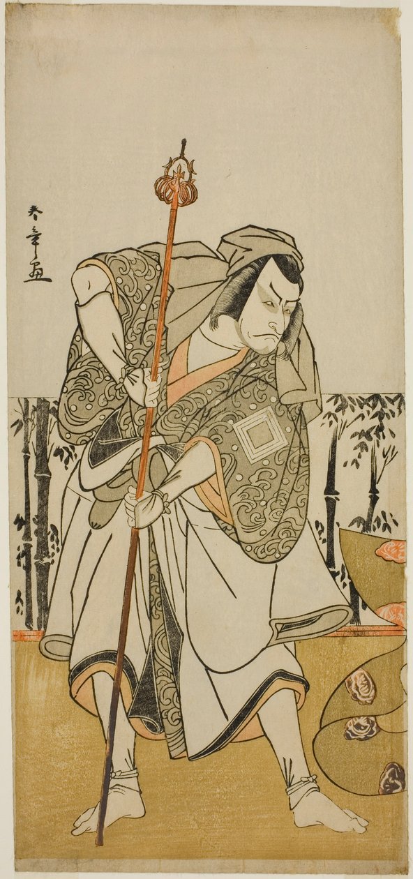 Aktör Ichikawa Danjuro V Taira no Masakado rolünde Masakado Kammuri no Hatsuyuki Oyununda Hacı Junjo kılığında, Nakamura Tiyatrosu