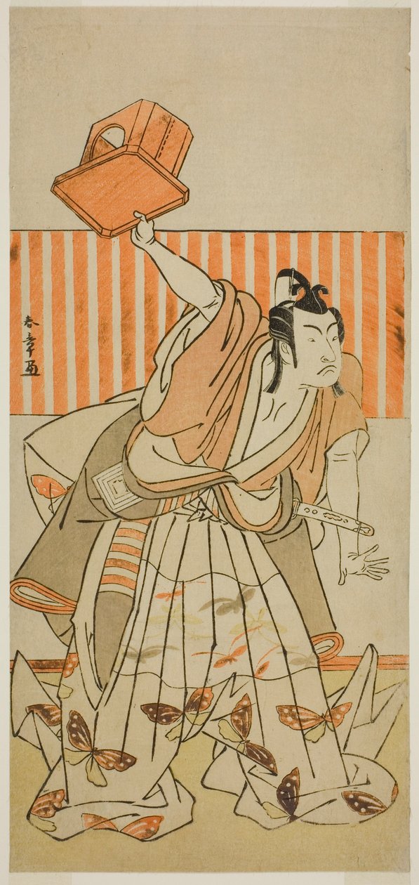 Aktör Ichikawa Monnosuke II, Ageha no Chokichi rolünde Kaido Ichi Yawaragi Soga Oyununda Soga no Goro Tokimune kılığında, Nakamura Tiyatrosu