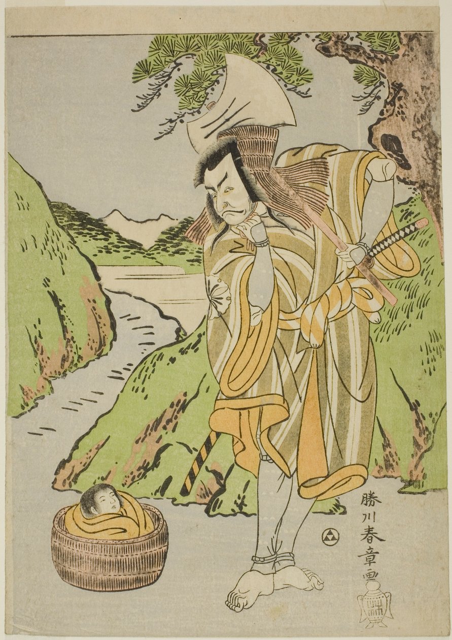 Aktör Matsumoto Koshiro II, Nue no Mori Ichiyo no Mato (Nue Canavarı Ormanı: On Birinci Ayın Hedefi) Oyununun Dördüncü Perdesinde (?) Osada no Taro Kagemune olarak Oduncu Gankutsu no Gorozo kılığında, Nakamura Tiyatrosu by Katsukawa Shunsho