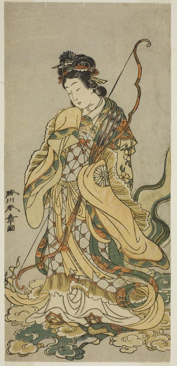 Aktör Nakamura Noshio I, Onno Aruji Hatsuyuki no Sekai Oyununda Enoshima Tanrıçaları Benzaiten rolünde, Onbirinci Ayda Morita Tiyatrosunda Oynandı, c.1773 (renkli tahta baskı; hosoban) by Katsukawa Shunsho