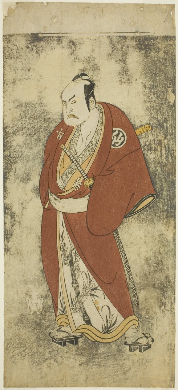 Aktör Nakamura Sukegoro II, Joruri "Gonin Otoko"da (Beş Şövalye Halkından) Kaminari Shokuro rolünde, Ayatsuri Kabuki Ogi'de (Kabuki'de Yelpazede Ustalık) Tek Perde Olarak Oynandı, Yüzyılın Yirminci Gününden Nakamura Tiyatrosu'nda Sahn by Katsukawa Shunsho