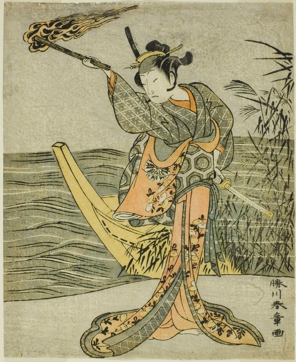 Aktör Nakamura Tomijuro I, Play Fuki Kaete Tsuki mo Yoshiwara'da Nagoya Osan rolünde (Sattan Çatı: Ay Yoshiwara Zevk Bölgesinin Üzerinde de Parlar), On Birinci Ay'da Morita Tiyatrosu'nda Sahnelendi, 1771 by Katsukawa Shunsho