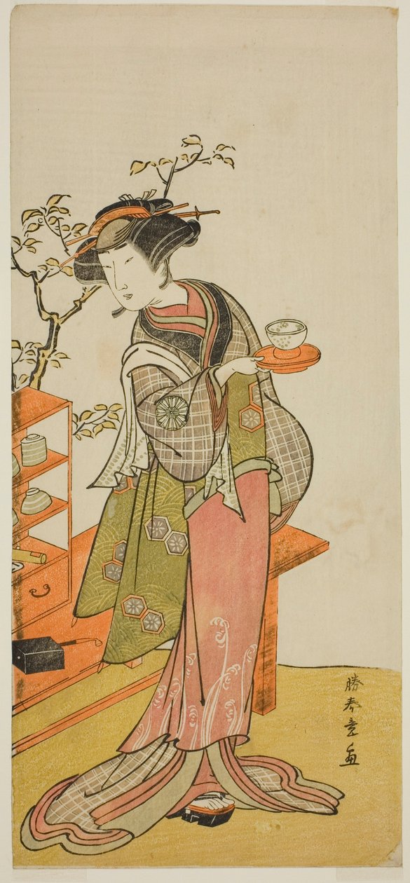 Aktör Nakamura Tomijuro I Play Chigo Suzuri Aoyagi Soga'da Garson Otake rolünde, Nakamura Tiyatrosu'nda İlk Ayda Gösterilen, 1777 by Katsukawa Shunsho