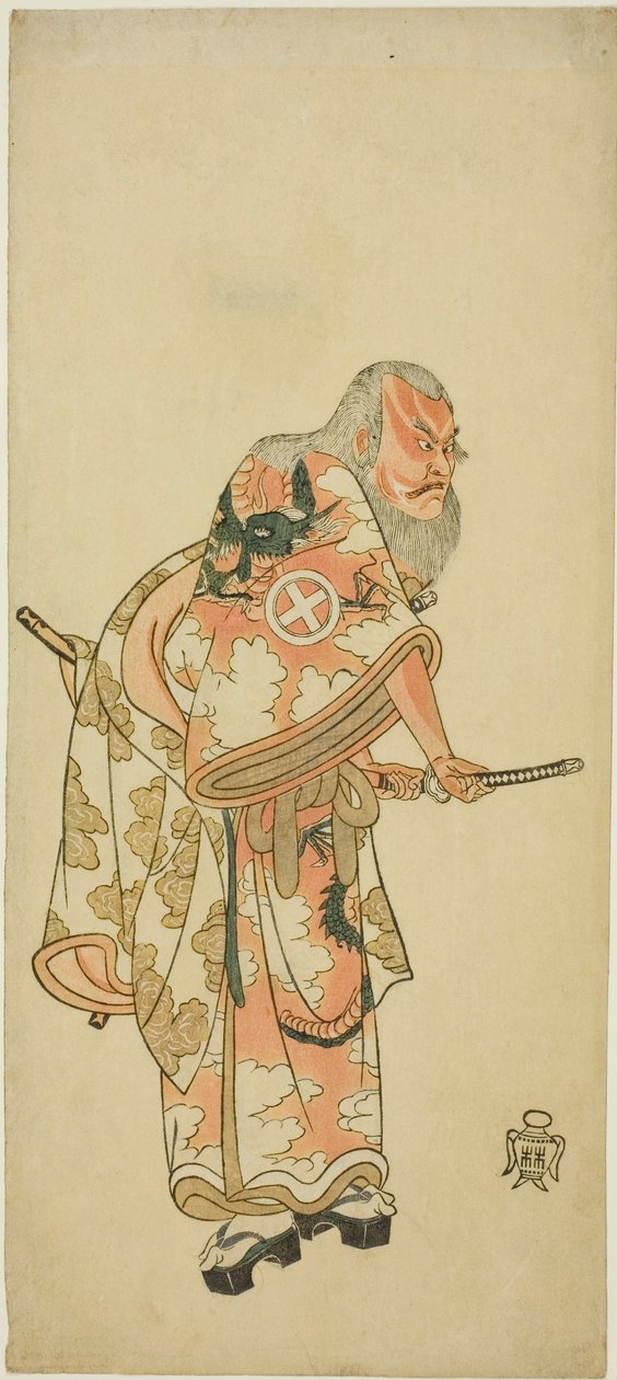 Aktör Otani Hiroemon III, "Hitokidori Harutsuge Soga" oyunundaki "Sukeroku" sahnesinde Hige no Ikyu rolünde ("The Soga Play: Bush Warbler tarafından Bahar Sezonunun Duyurusu") by Katsukawa Shunsho