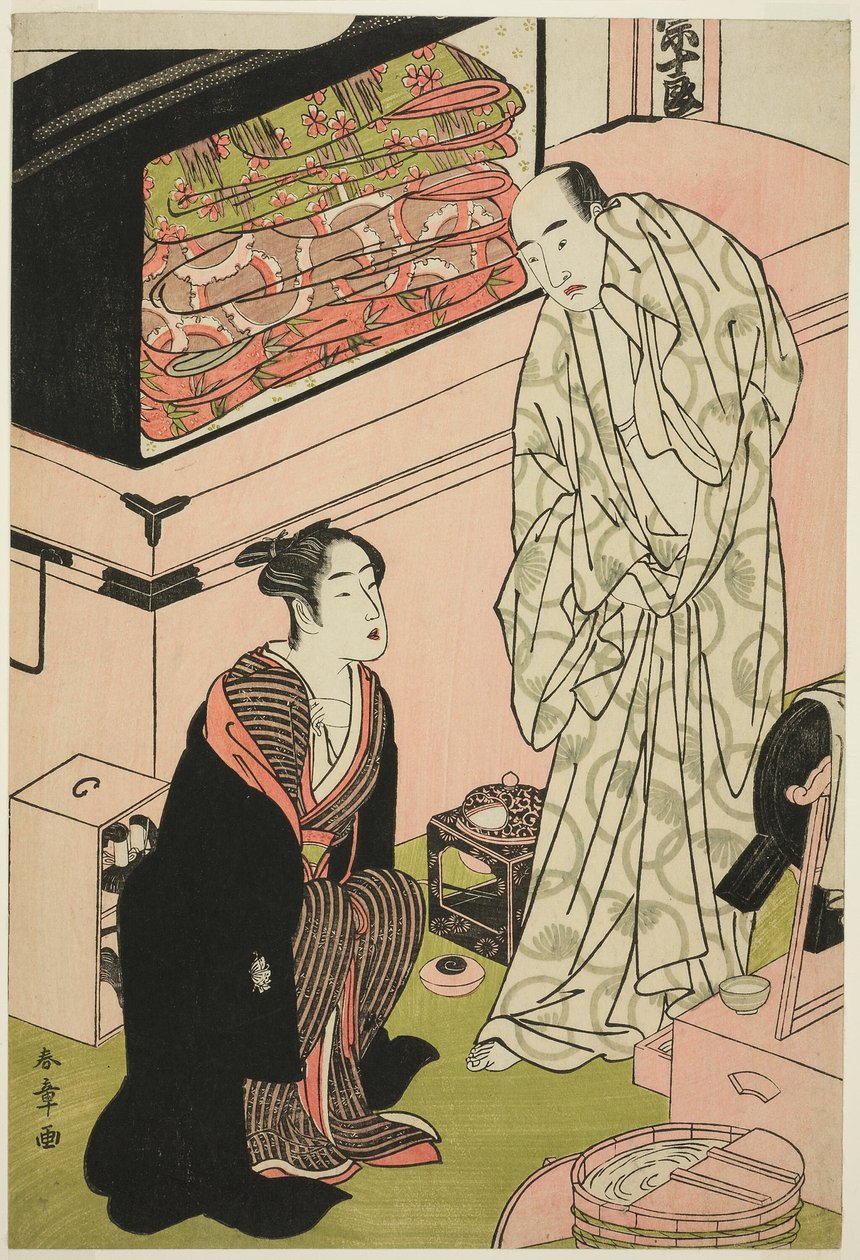 Aktör Sawamura Sojuro III (sağda), Soyunma Odasında Aktör Segawa Kikunojo III ile Sohbetinde (solda) by Katsukawa Shunsho