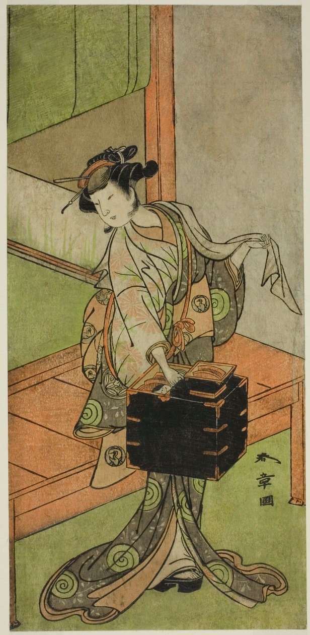 Aktör Yamashita Kinsaku II, Miyagino rolünde Kosode-gura no Tekubari Oyununda Kuaför Kılığında, Morita Tiyatrosu