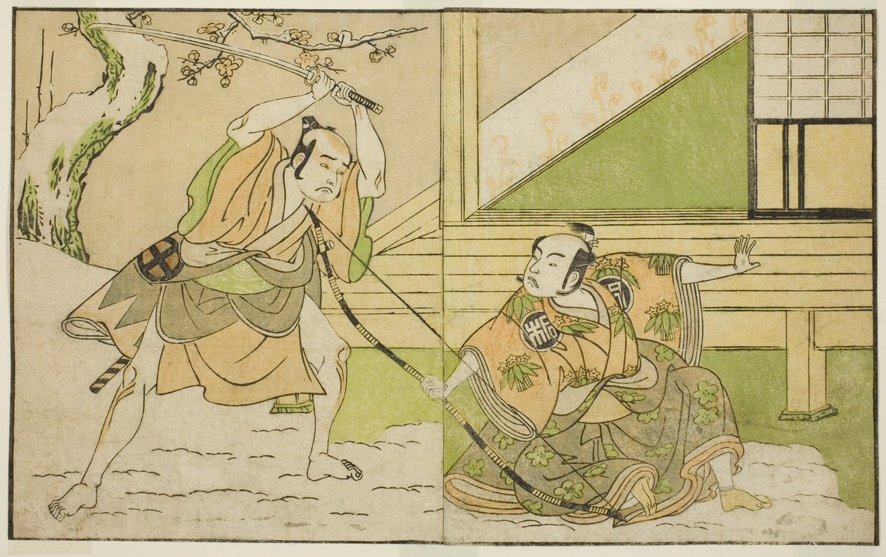 Aktörler Arashi Sangoro II, Hojo Tokiyori (sağda) ve Otani Hiroji III olarak Koga Saburo (solda), Play Kono Hana Yotsugi no Hachi no Ki, Ichimura Tiyatrosu
