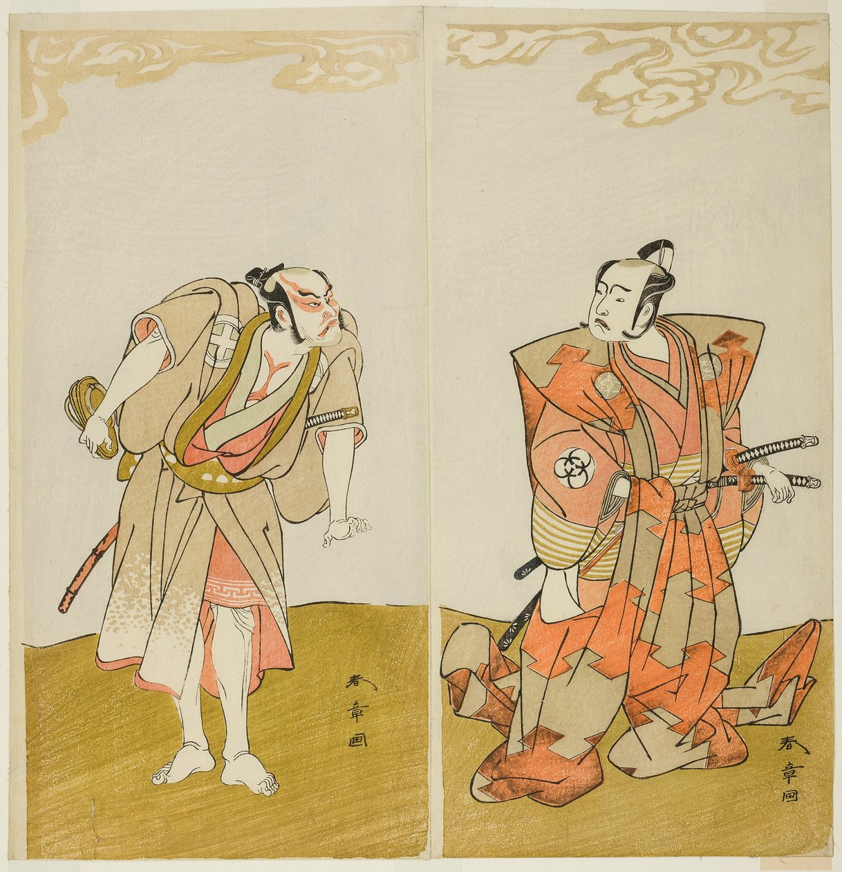 Aktörler Bando Mitsugoro I Hata no Kawakatsu (sağda) ve Otani Hiroemon III Uşak (Yakko) Gansuke (solda), Play Miya-bashira Iwao no Butai (Taş Bir Kaide Üzerinde Tapınak Sütunları), Morita