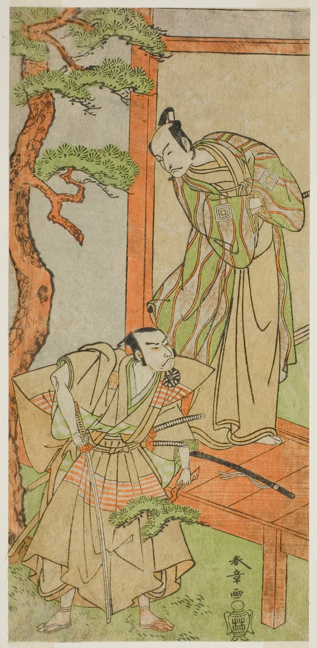 Aktörler Ichikawa Danjuro V Momonoi Wakasanosuke olarak (sağda) ve Nakamura Nakazo I Kakogawa Honzo olarak (solda), Play Kanadehon Chushingura