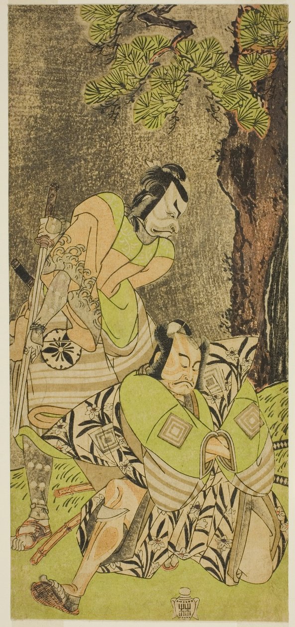 Aktörler Ichikawa Danzo III, I no Hayata Tadazumi (sağda) ve Matsumoto Koshiro II, Osada no Taro Kagemune (solda), Play Nue no Mori Ichiyo no Mato