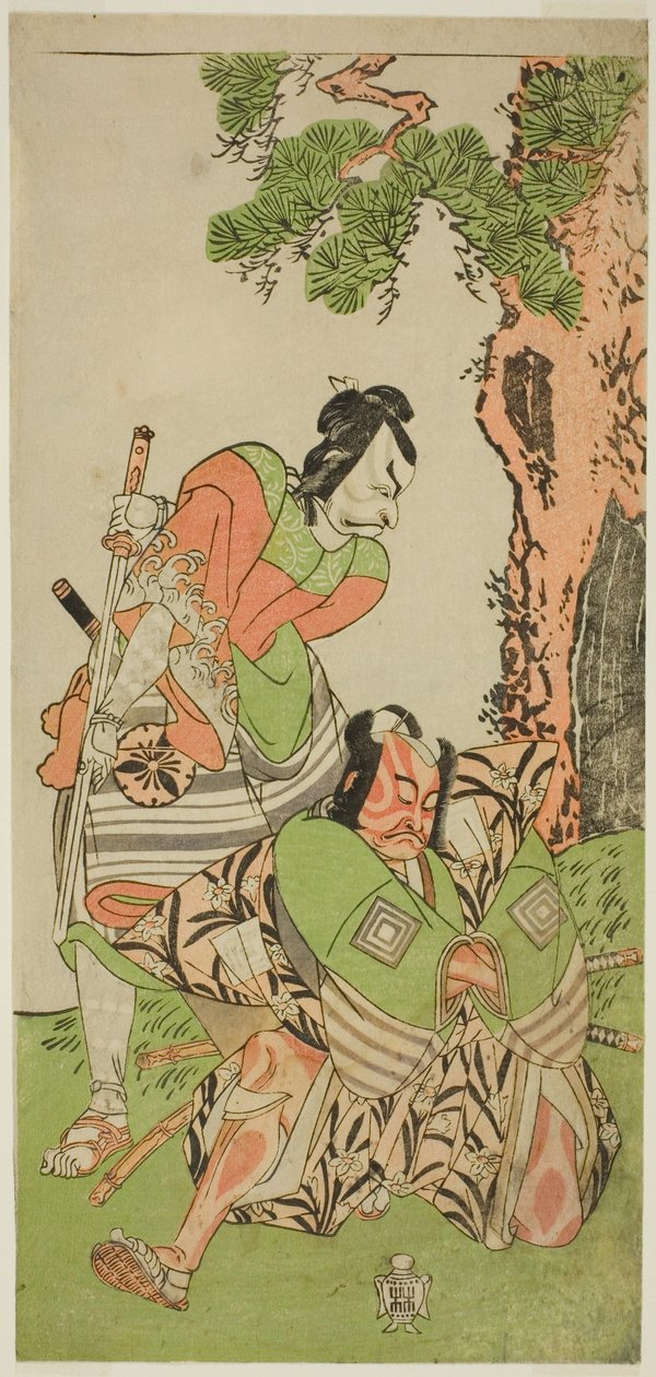 Aktörler Ichikawa Danzo III, I no Hayata Tadazumi olarak (sağda) ve Matsumoto Koshiro II, Osada no Taro Kagemune olarak, Play Nue no Mori Ichiyo no Mato