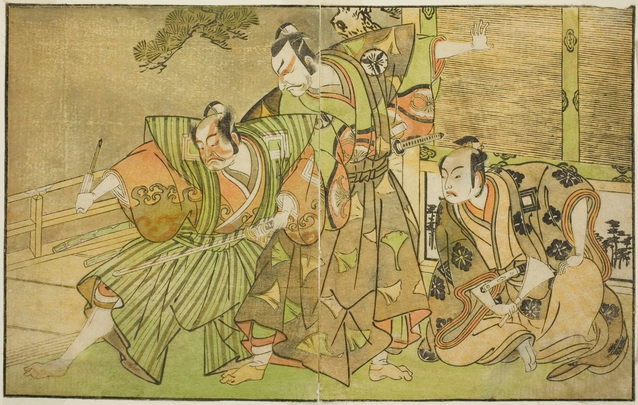 Aktörler Ichikawa Komazo II, Minamoto no Yorimasa (sağda), Matsumoto Koshiro II, Osada no Taro Kagemune olarak Yatsurugi Zaemon (ortada) ve Ichikawa Danzo III, I no Hayata Tadazumi (solda), In the Play Nue no Mori Ichiyo no Mato, bir performans sergiledi by Katsukawa Shunsho