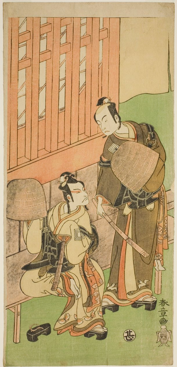 Aktörler Ichikawa Komazo II, Soga no Juro Sukenari (sağda) ve Ichikawa Danjuro V, Soga no Goro Tokimune (solda), Play Sakaicho Soga Nendaiki