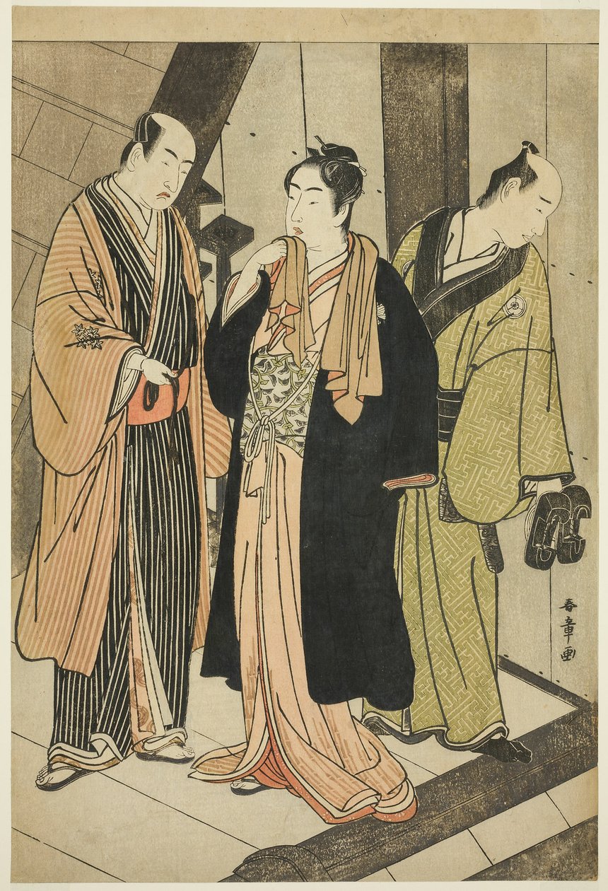 Aktörler Ichikawa Monnosuke II (solda), Iwai Hanshiro IV (ortada) ve Iwai Karumo (?) (sağda), bir Sahne Arkasında by Katsukawa Shunsho