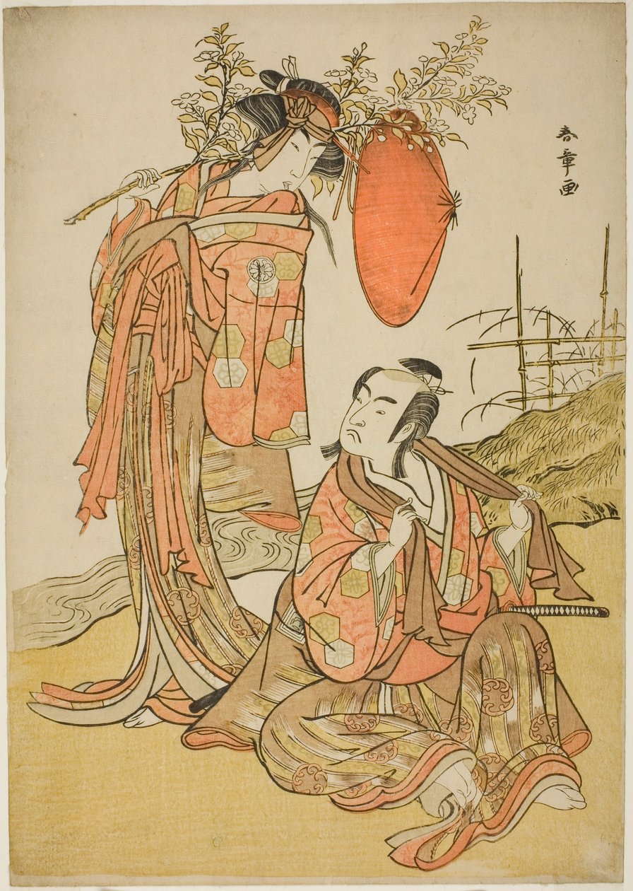Aktörler Ichikawa Monnosuke II ve Segawa Kikunojo III, Lovers Seijuro (sağda) ve Onatsu (solda), "Michiyuki Hiyoku no Kiku-cho" (Bir Elopemet: Krizantem-ve-Kelebek Lovebirds) Kaçış Sahnesinde, bir Dans Arası Pla