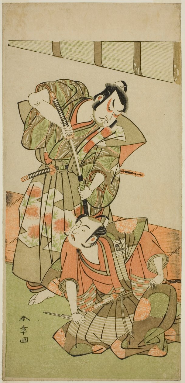 Aktörler Ichikawa Yaozo II, Konoshita Hyokichi (?) (Sağ) ve Sakata Hangoro II, Matsunaga Daizen Hisahide (?) (Sol), Play Gion Sairei Shinko Ki (?), Ichimura Tiyatrosu'nda (?) Beşinci Ay, 1775 (?) by Katsukawa Shunsho