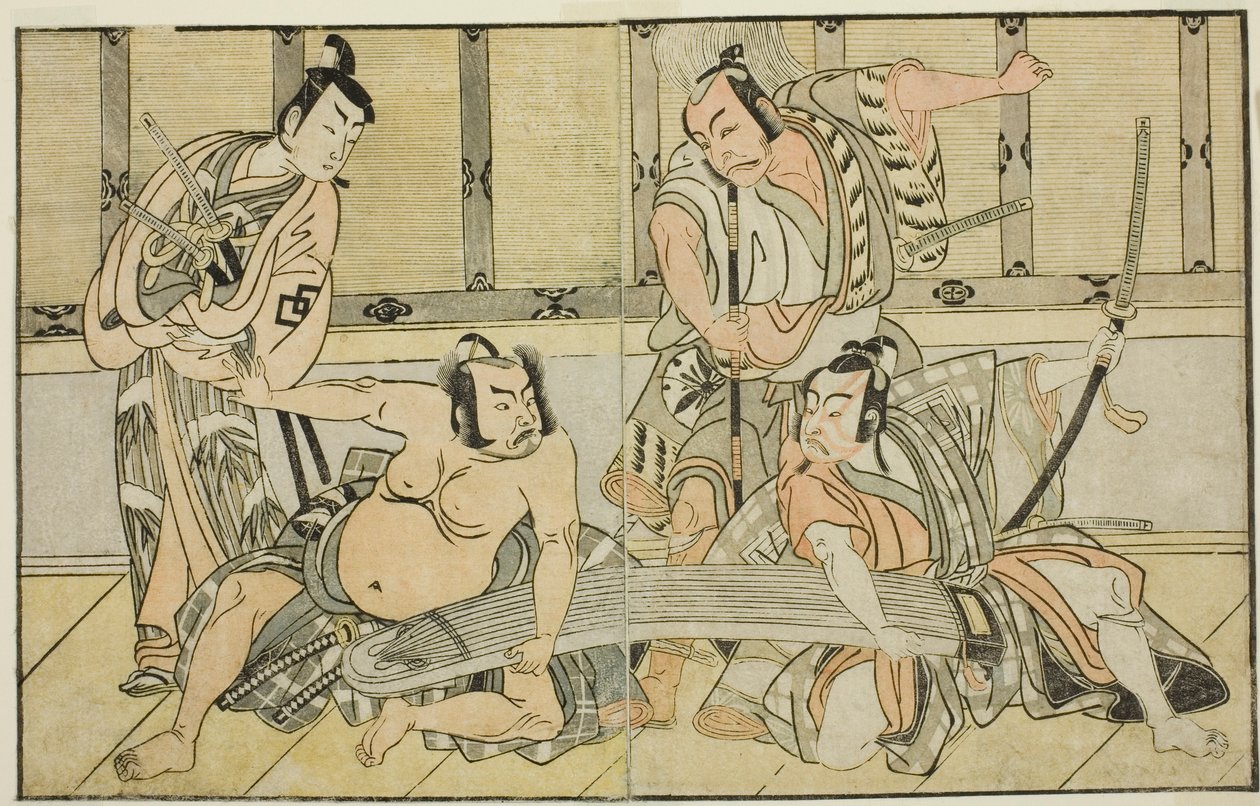 Aktörler Ichikawa Yaozo II, Kujaku no Saburo olarak, Matsumoto Koshiro II, Hata no Daizen Taketora olarak, Nakajima Mihoemon II, Aramaki Mimishiro olarak ve Nakamura Shocho I, Ki no Tsurayuki olarak (sağdan sola), Play Kuni no Hana Ono no Itsumoji