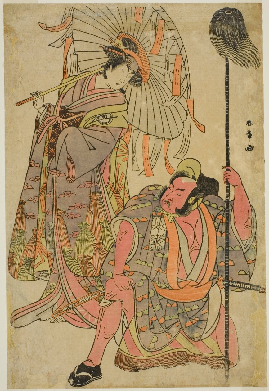 Aktörler Ichimura Uzaemon IX Hata no Daizen Taketora olarak Yakko Matahei kılığında (sağda) ve Umegae olarak Iwai Hanshiro IV Şiir-Kahin Omatsu Kılığında (solda), Play Mukashi Otoko Yuki no Hinagata, Ichimura Tiyatrosu