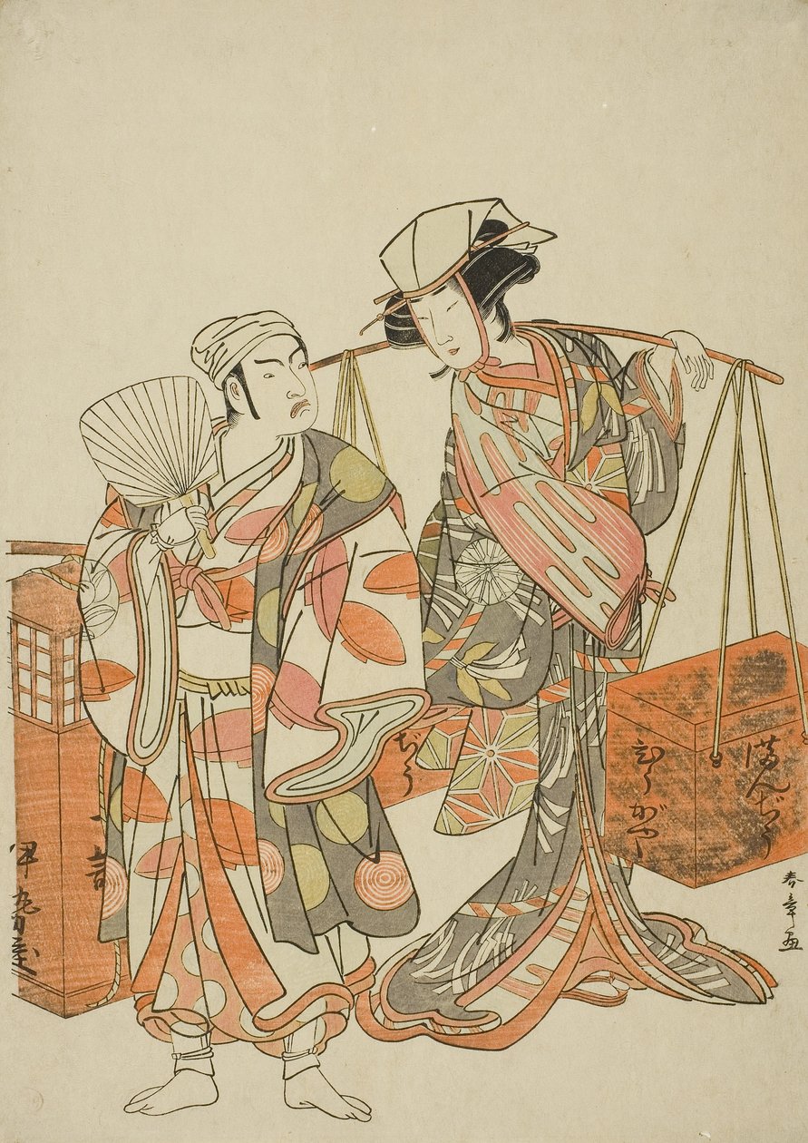 Aktörler Ichimura Uzaemon IX, Sake Satıcısı Iseya kılığına girmiş bir erkek tilki (solda) ve Nakamura Tomijuro I, Fasulye Satıcısı Hyugaya kılığına girmiş bir dişi tilki kılığında, "Myoto-zake Kawaranu Nakanaka" (Marit