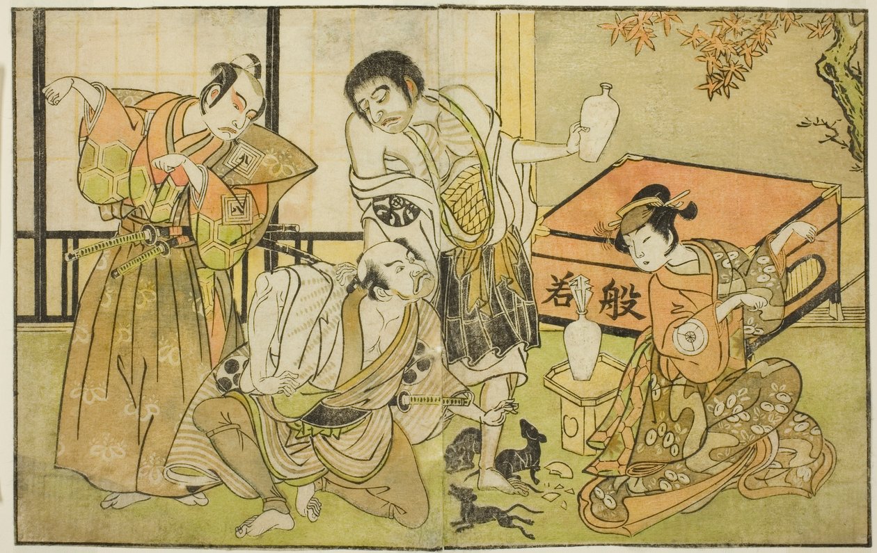 Aktörler Iwai Hanshiro IV, Otatsu-gitsune olarak, Nakamura Nakazo I Raigo Ajari olarak, Sakata Tojuro III, Kamada Gon-no-kami Masayori olarak ve Ichikawa Yaozo II, Sakon-gitsune olarak (sağdan sola), "Nue no Mori" oyununda Ichiyo no Mato, "Nakamura T