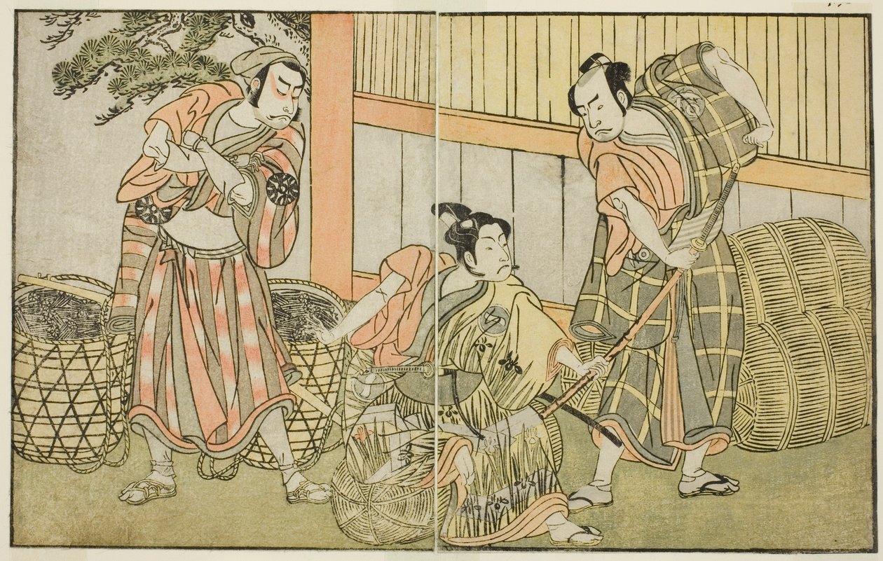 Aktörler Kasaya Matakuro II, Hagun Taro (sağda), Ichikawa Monnosuke II, Izutsu no Suke Narihira (ortada) ve Nakamura Nakazo I, Kose no Kanaoka olarak Kömür Yapıcı Sogoro kılığında, Play Kuni no Hana Ono no Itsumoji, Gerçekleştirildi Naka