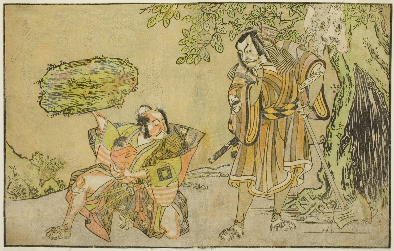 Oyun Nue no Mori Ichiyo no Mato'da Osada no Taro Kagemune olarak Aktörler Matsumoto Koshiro II Oduncu Gankutsu no Gorozo kılığında (sağda) ve Ichikawa Danzo III I no Hayata Tadazumi olarak (solda), Nakamura Tiyatrosu'nda sahnelendi onbir by Katsukawa Shunsho