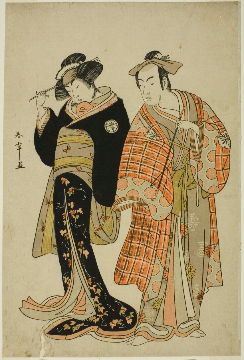 Aktörler Matsumoto Koshiro IV ve Segawa Kikunojo III, Aşıklar Choemon (sağda) ve Ohan (solda), "Michiyuki Segawa no Adanami" (Bir Kaçış: Sığ Nehirde Hain Dalgalar) Kaçış Sahnesinde, İkinci Bölümden bir Dans Arası Oyunun by Katsukawa Shunsho