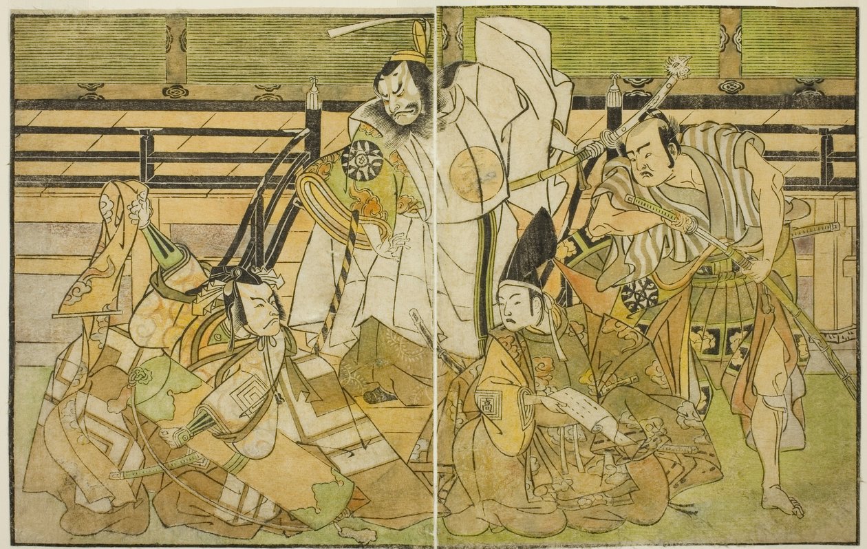 Aktörler Nakamura Denkuro II Seno-o Taro olarak, Ichikawa Komazo II Yorimasa olarak, Nakamura Nakazo I Taira no Kiyomori olarak ve Ichikawa Danjuro V Kiou Takiguchi olarak (sağdan sola), Play Nue no Mori Ichiyo no Mato