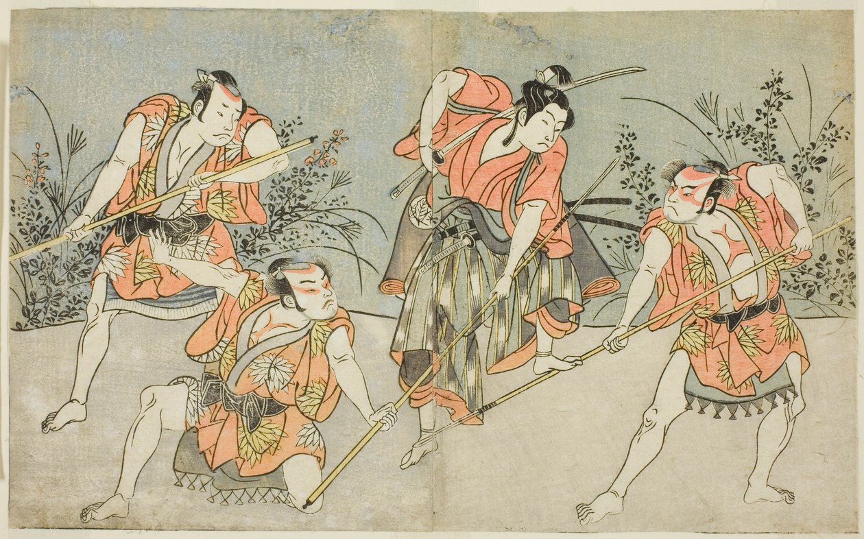 Aktörler Nakamura Kashiwagi Wakashu olarak (sağdan ikinci) ve Yakko olarak Üç Tanımlanamayan Aktör by Katsukawa Shunsho