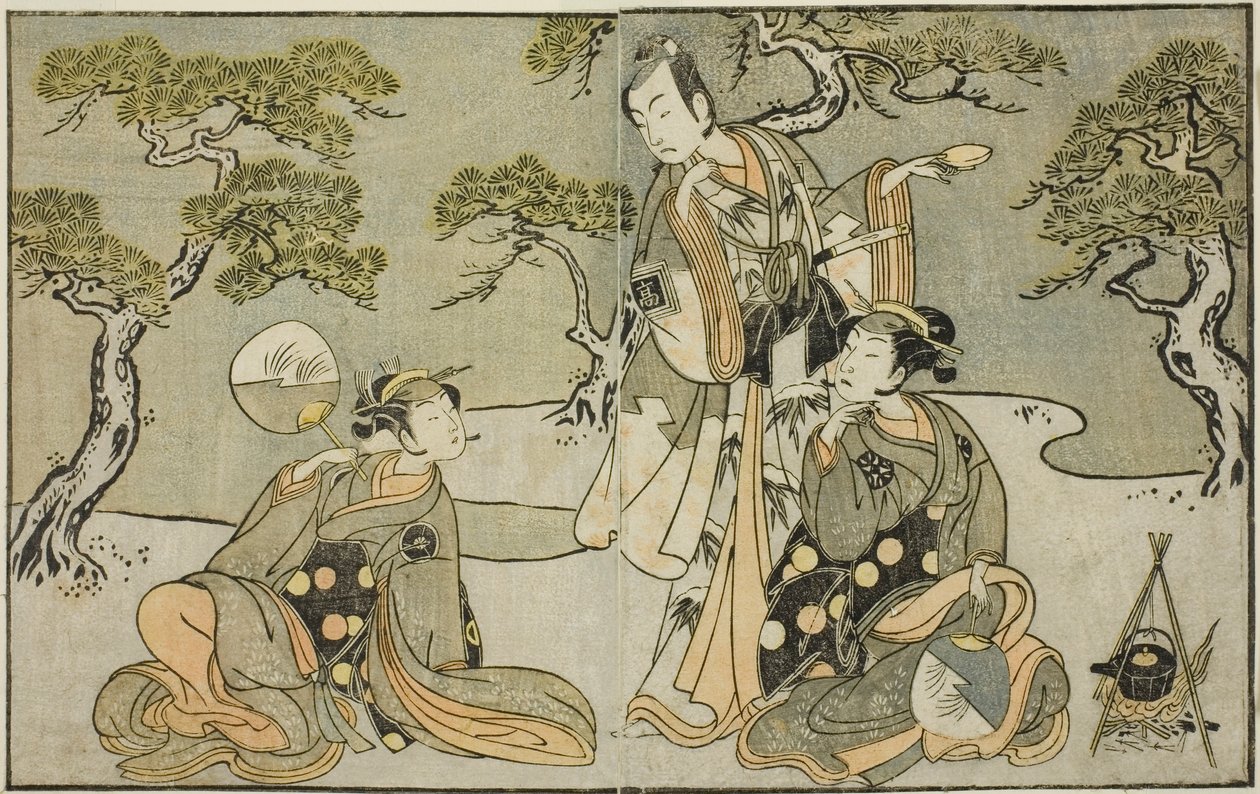 Aktörler Nakamura Nakazo I Matsukaze olarak (sağda), Ichikawa Komazo II Ariwara no Yukihira olarak (ortada) ve Iwai Hanshiro IV Murasame olarak (solda), Play Kuni no Hana Ono no Itsumoji, On birinci sırada Nakamura Tiyatrosu