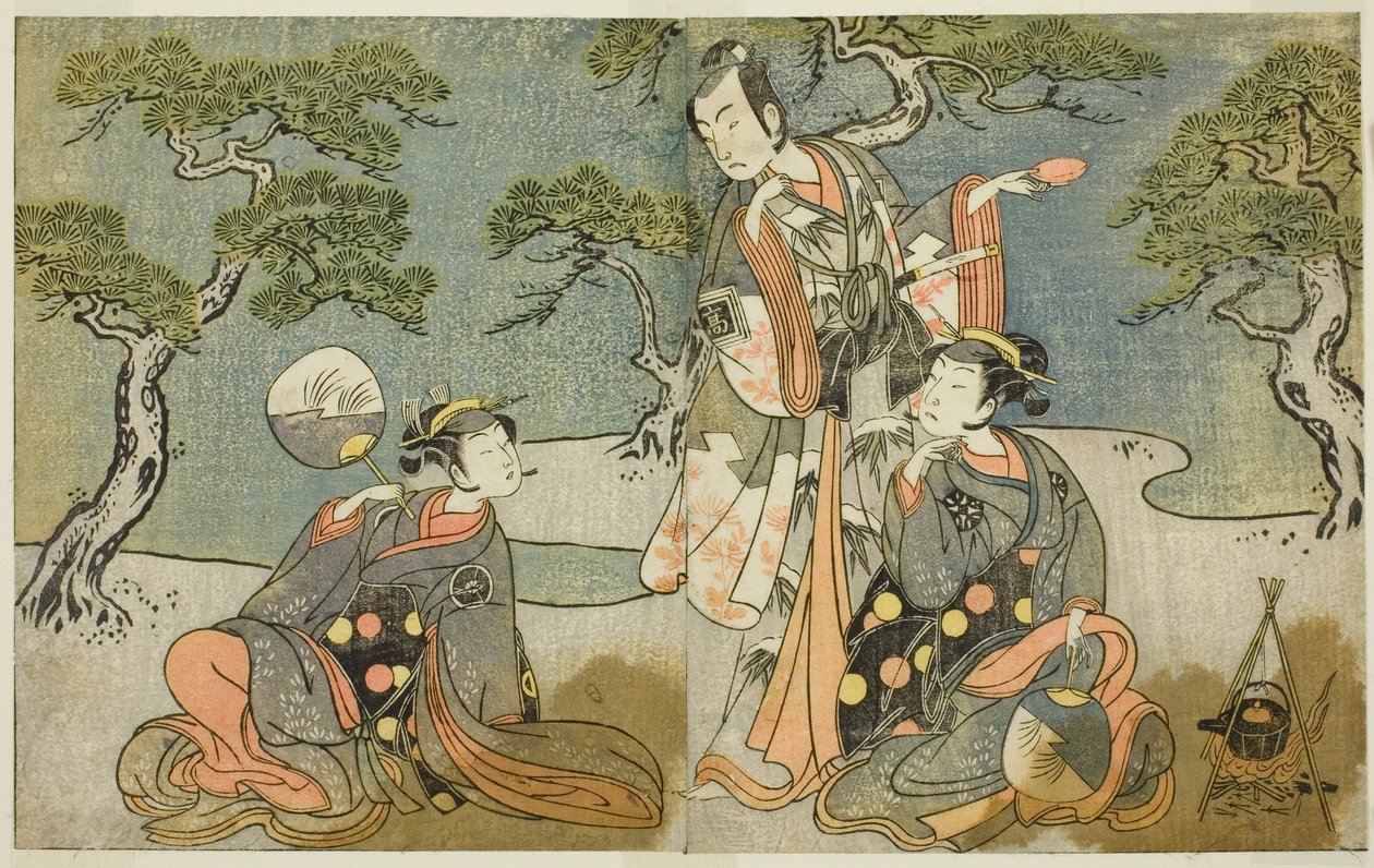 Aktörler Nakamura Nakazo I Matsukaze olarak (sağda), Ichikawa Komazo II Ariwara no Yukihira olarak (ortada) ve Iwai Hanshiro IV Murasame olarak (solda), Play Kuni no Hana Ono no Itsumoji, On birinci sırada Nakamura Tiyatrosu