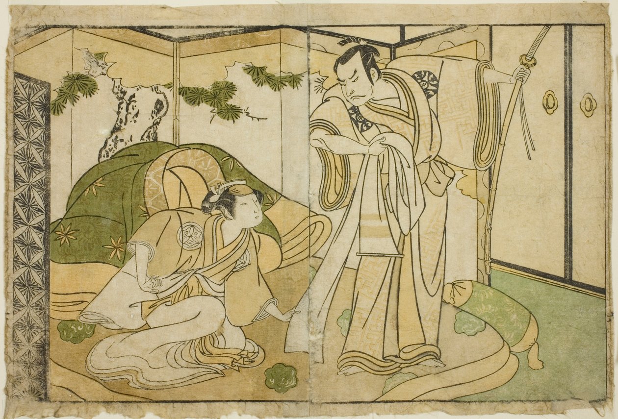 Aktörler Nakamura Nakazo I Taira no Kiyomori olarak (sağda) ve Yamashita Kinsaku II Tokiwa Gozen olarak (solda), Play Nue no Mori Ichiyo no Mato, Nakamura Tiyatrosu