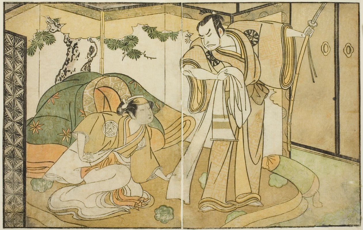 Aktörler Nakamura Nakazo I Taira no Kiyomori olarak (sağda) ve Yamashita Kinsaku II Tokiwa Gozen olarak (solda), Play Nue no Mori Ichiyo no Mato, Nakamura Tiyatrosu