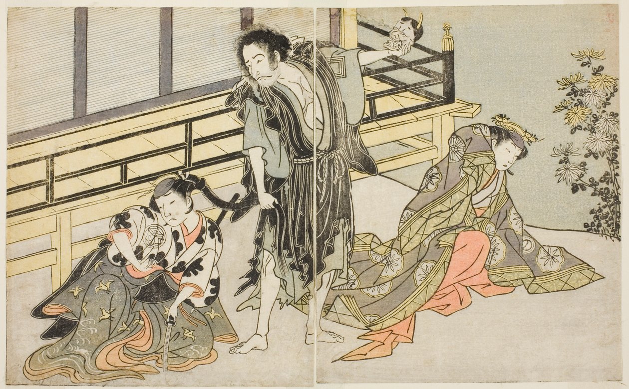 Aktörler Nakamura Noshio I, Nyosan no Miya (sağda), Ichikawa Danjuro V, Dönek Keşiş Yochin (ortada) ve Hizmetçi Mutsuhana olarak Yamashita Kinsaku II (solda), Play Fuki Kaete Tsuki mo Yoshiwara, Morita