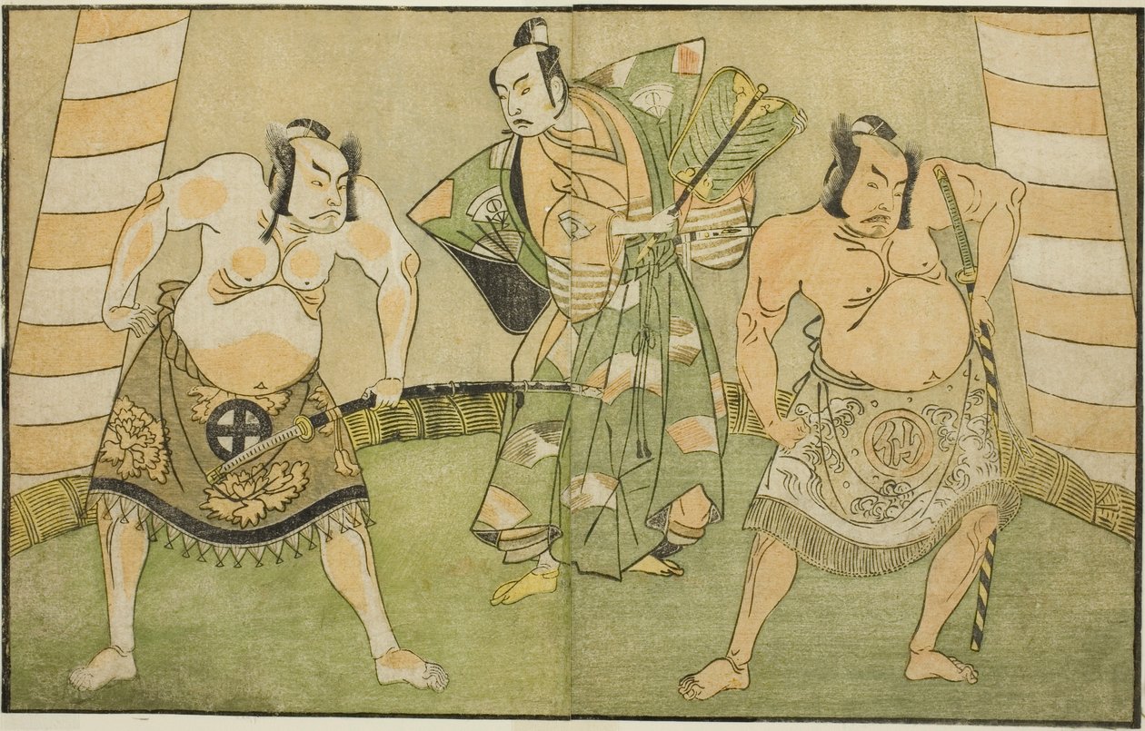Aktörler Nakamura Sukegoro II Matano no Goro (sağda), Onoe Kikugoro I Soga no Taro (ortada) ve Otani Hiroji III Kawazu no Saburo (solda), Play Myoto-giku Izu no Kisewata, Ichimura'da sahnelendi On Birinci Ayda Tiyatro, 1770 by Katsukawa Shunsho