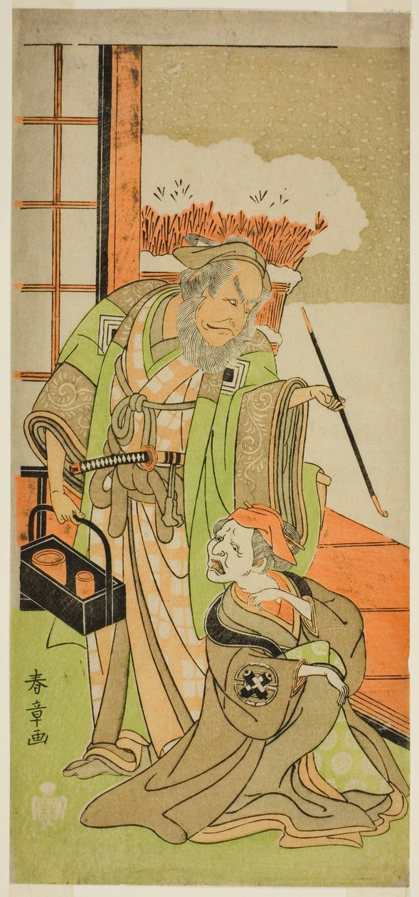 Aktörler Nakamura Utaemon I Karashi Baba olarak (sağda) ve Ichikawa Danjuro IV Sanshodayu olarak (solda), Play Kawaranu Hanasakae Hachi no Ki
