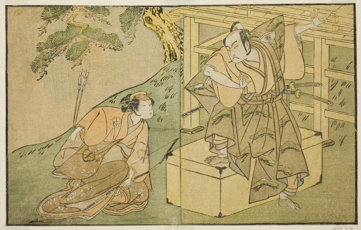 Aktörler Onoe Matsusuke I Akaboshi Taro olarak (sağda) ve Azuma Tozo II Shirotae olarak (solda), Play Kono Hana Yotsugi no Hachi no Ki, Ichimura Tiyatrosu